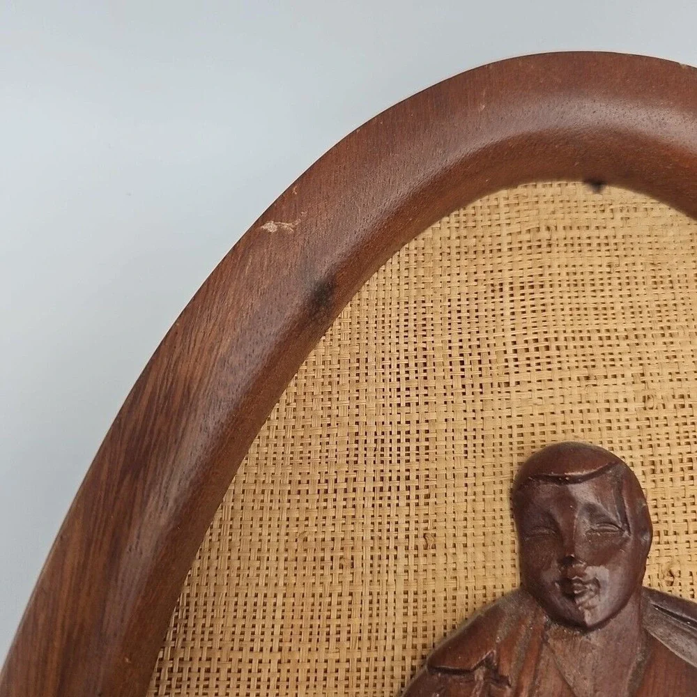 Vintage Hand-Carved Teak Wood Wall Art Oval‎ Shaped Woven Backgrounds MCM